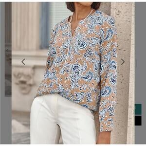 J.Jill WEAREVER 3X Split Neck Tan And Blue Paisley Popover Casual Tunic Blouse
